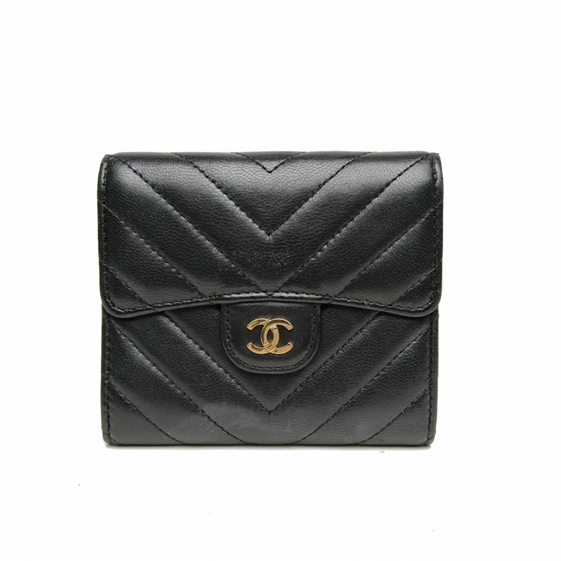 CHANEL 黑色羊皮22開金扣CFV紋錢包-0