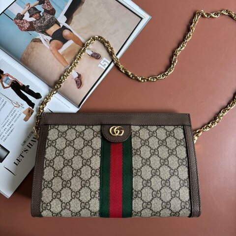 ::GUCCI::503877 Ophidia GG Supreme 烏木色PVC紅綠織帶磁吸開口橫式金鏈包 斜背包