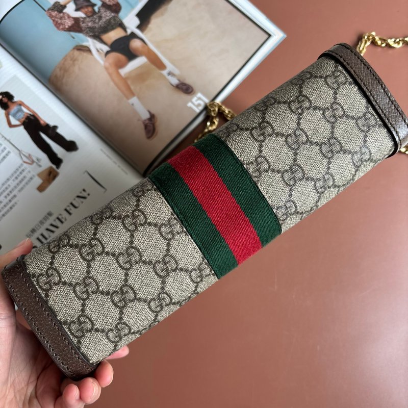::GUCCI::503877 Ophidia GG Supreme 烏木色PVC紅綠織帶磁吸開口橫式金鏈包 斜背包-3