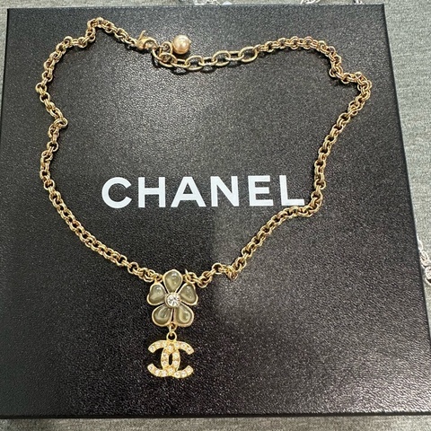 CHANEL香奈兒 花朵鑲鑽金屬復古金色項鍊