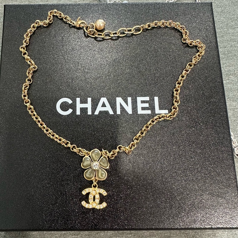 CHANEL香奈兒 花朵鑲鑽金屬復古金色項鍊-0