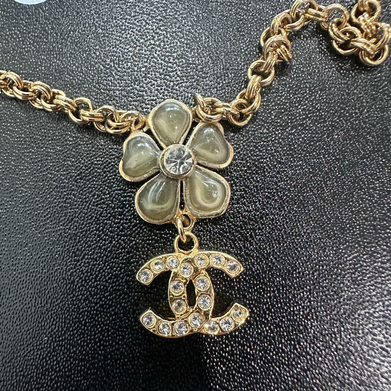 CHANEL香奈兒 花朵鑲鑽金屬復古金色項鍊-1