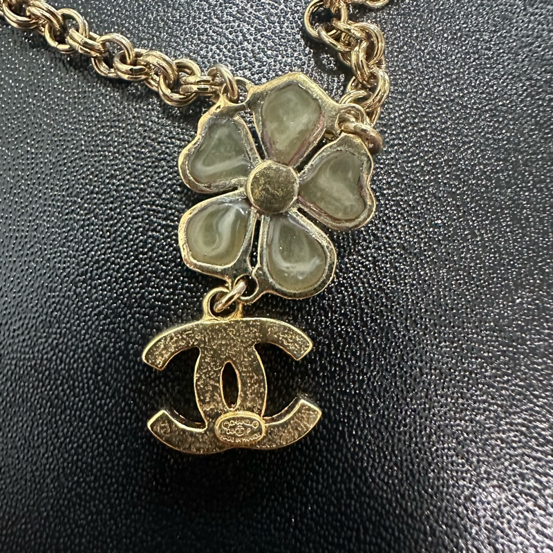 CHANEL香奈兒 花朵鑲鑽金屬復古金色項鍊-5