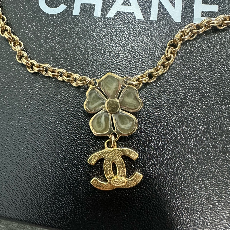 CHANEL香奈兒 花朵鑲鑽金屬復古金色項鍊-6