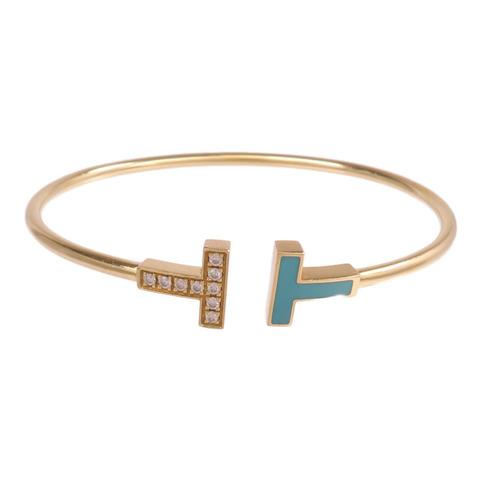 TIFFANY＆CO 18K黃金T Wire Diamond綠松石/鑽石手鏈