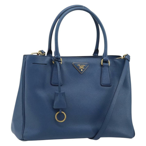 PRADA Galleria 手提包 Safiano 皮革 2way Blue Gold Auth YKZ030A