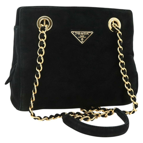 PRADA 鏈條單肩包 麂皮 金色 黑色 正品 SW2181V