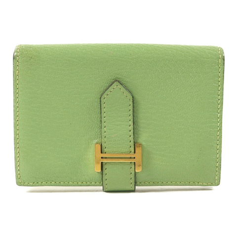 HERMES Chevre皮革Bearn Card Case金扣卡片套Vert Criquet