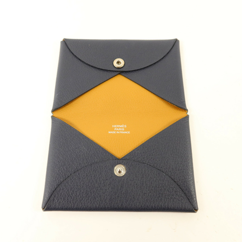 HERMES Evercolor皮革Calvi Card Case銀扣卡片套Bleu Nuit-4