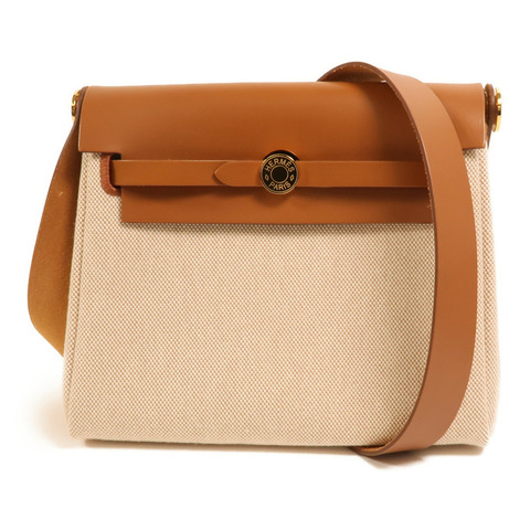 HERMES 帆布Mini Herbag金扣肩背袋Beige/Gold