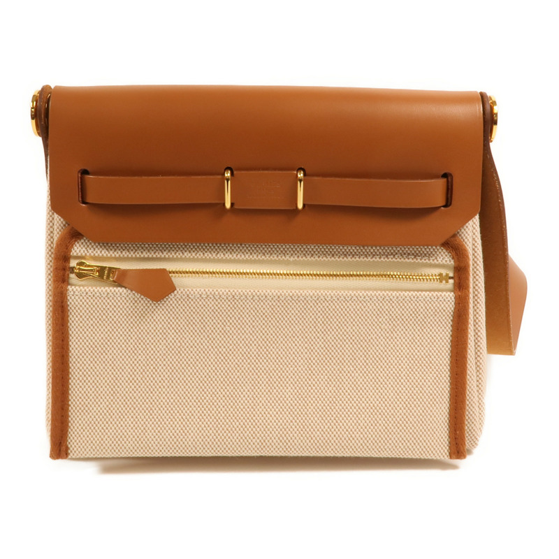 HERMES 帆布Mini Herbag金扣肩背袋Beige/Gold-1