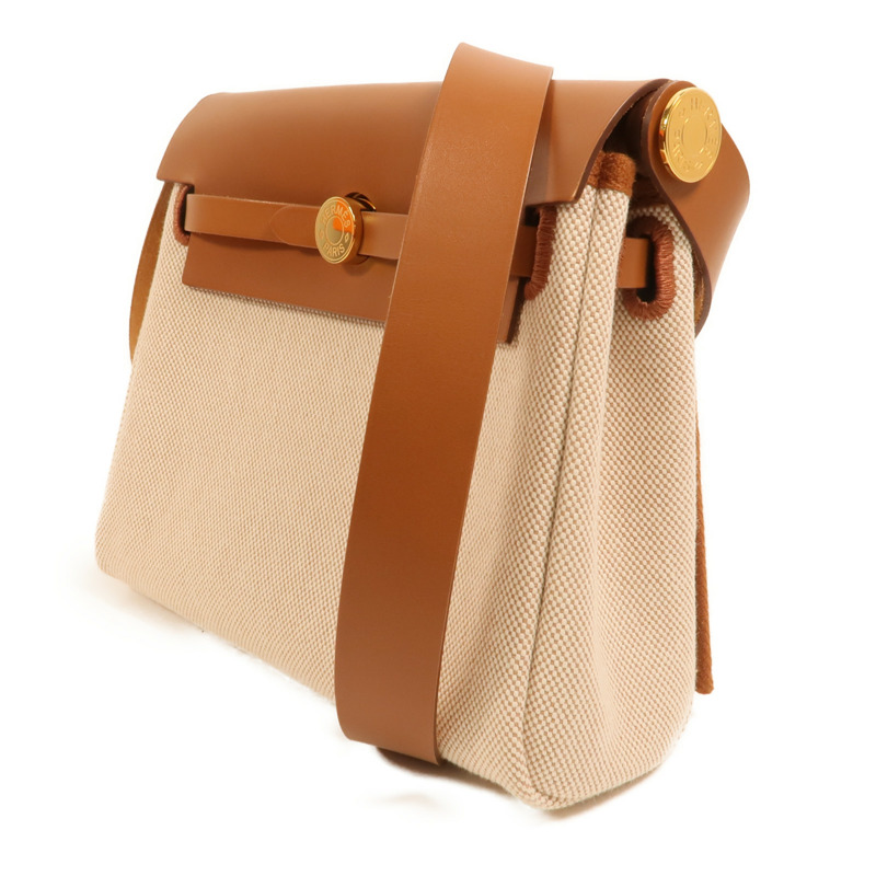 HERMES 帆布Mini Herbag金扣肩背袋Beige/Gold-2