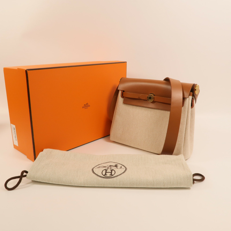 HERMES 帆布Mini Herbag金扣肩背袋Beige/Gold-9