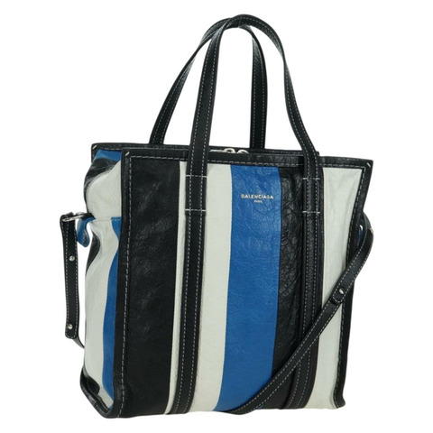 BALENCIAGA Bazaar Shopper S Bag 皮革 2way Blue Silver 443096 Auth BSZ626V
