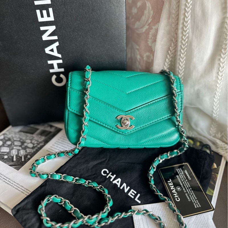 香奈兒包 翻蓋包 方胖子 V紋小方包 CF 魚子醬 連收據副本 皮革包 包包 皮革包 蒂芙尼 蒂芬妮 二手包 中古包 二手 chanel tiffany blue /green caviar  leather mini square chain crossbody bag /classic flap cf bag-0