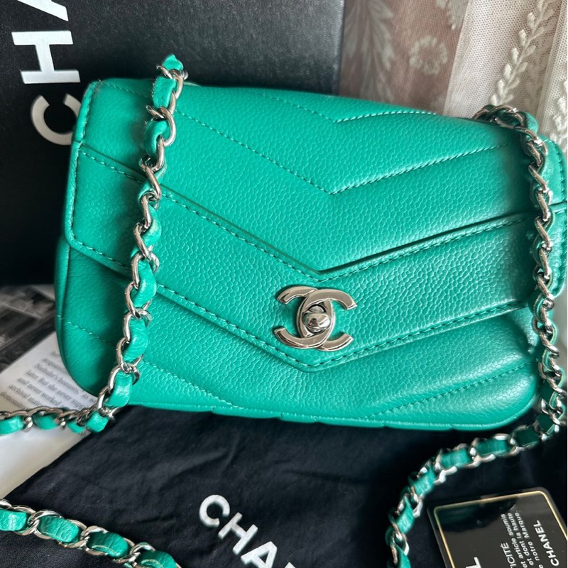 香奈兒包 翻蓋包 方胖子 V紋小方包 CF 魚子醬 連收據副本 皮革包 包包 皮革包 蒂芙尼 蒂芬妮 二手包 中古包 二手 chanel tiffany blue /green caviar  leather mini square chain crossbody bag /classic flap cf bag-2