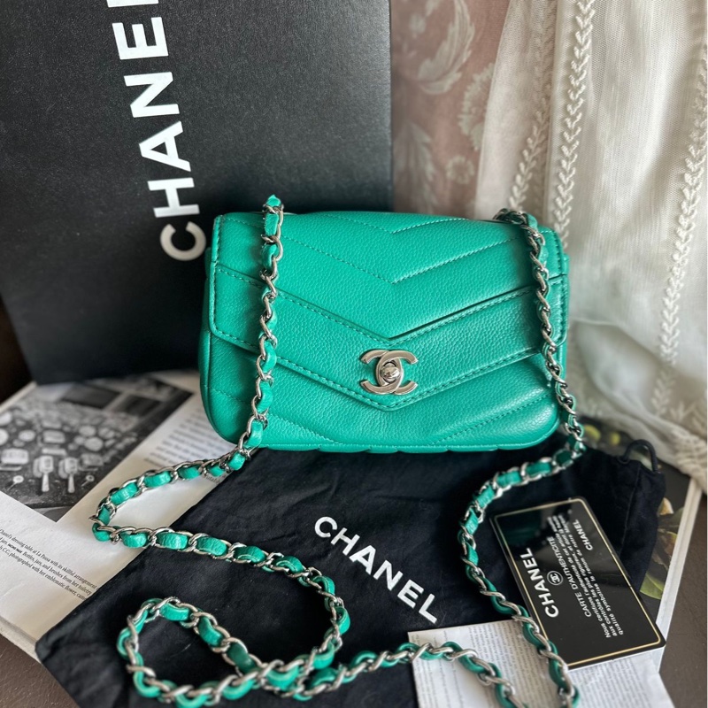 香奈兒包 翻蓋包 方胖子 V紋小方包 CF 魚子醬 連收據副本 皮革包 包包 皮革包 蒂芙尼 蒂芬妮 二手包 中古包 二手 chanel tiffany blue /green caviar  leather mini square chain crossbody bag /classic flap cf bag-7