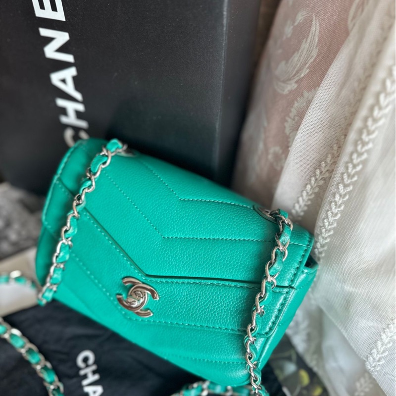 香奈兒包 翻蓋包 方胖子 V紋小方包 CF 魚子醬 連收據副本 皮革包 包包 皮革包 蒂芙尼 蒂芬妮 二手包 中古包 二手 chanel tiffany blue /green caviar  leather mini square chain crossbody bag /classic flap cf bag-10