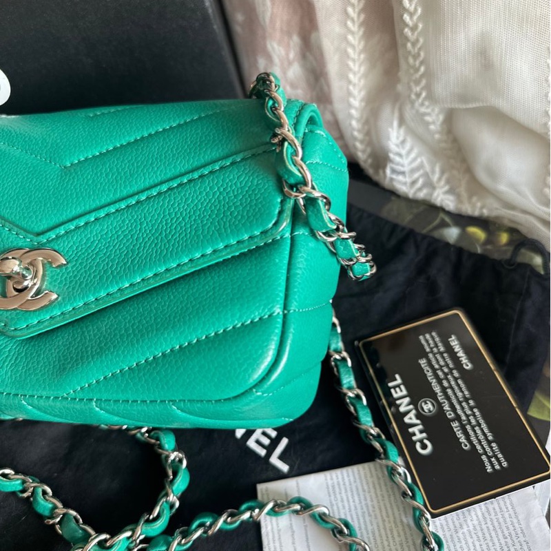 香奈兒包 翻蓋包 方胖子 V紋小方包 CF 魚子醬 連收據副本 皮革包 包包 皮革包 蒂芙尼 蒂芬妮 二手包 中古包 二手 chanel tiffany blue /green caviar  leather mini square chain crossbody bag /classic flap cf bag-11