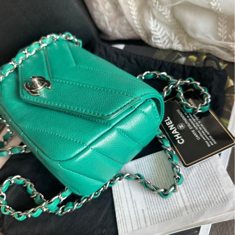 香奈兒包 翻蓋包 方胖子 V紋小方包 CF 魚子醬 連收據副本 皮革包 包包 皮革包 蒂芙尼 蒂芬妮 二手包 中古包 二手 chanel tiffany blue /green caviar  leather mini square chain crossbody bag /classic flap cf bag-12