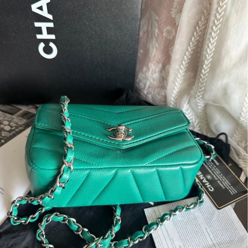香奈兒包 翻蓋包 方胖子 V紋小方包 CF 魚子醬 連收據副本 皮革包 包包 皮革包 蒂芙尼 蒂芬妮 二手包 中古包 二手 chanel tiffany blue /green caviar  leather mini square chain crossbody bag /classic flap cf bag-13