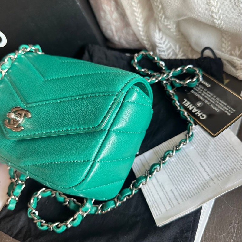香奈兒包 翻蓋包 方胖子 V紋小方包 CF 魚子醬 連收據副本 皮革包 包包 皮革包 蒂芙尼 蒂芬妮 二手包 中古包 二手 chanel tiffany blue /green caviar  leather mini square chain crossbody bag /classic flap cf bag-14