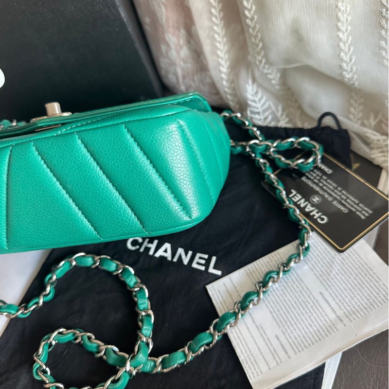 香奈兒包 翻蓋包 方胖子 V紋小方包 CF 魚子醬 連收據副本 皮革包 包包 皮革包 蒂芙尼 蒂芬妮 二手包 中古包 二手 chanel tiffany blue /green caviar  leather mini square chain crossbody bag /classic flap cf bag-15