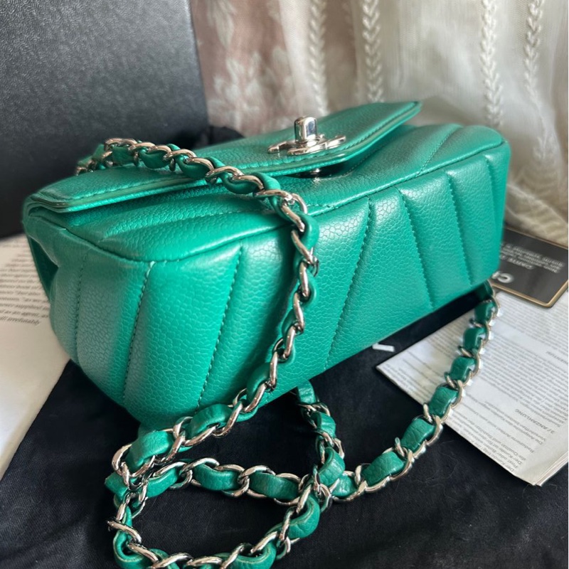 香奈兒包 翻蓋包 方胖子 V紋小方包 CF 魚子醬 連收據副本 皮革包 包包 皮革包 蒂芙尼 蒂芬妮 二手包 中古包 二手 chanel tiffany blue /green caviar  leather mini square chain crossbody bag /classic flap cf bag-16