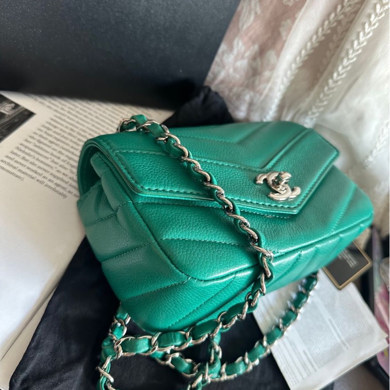 香奈兒包 翻蓋包 方胖子 V紋小方包 CF 魚子醬 連收據副本 皮革包 包包 皮革包 蒂芙尼 蒂芬妮 二手包 中古包 二手 chanel tiffany blue /green caviar  leather mini square chain crossbody bag /classic flap cf bag-17