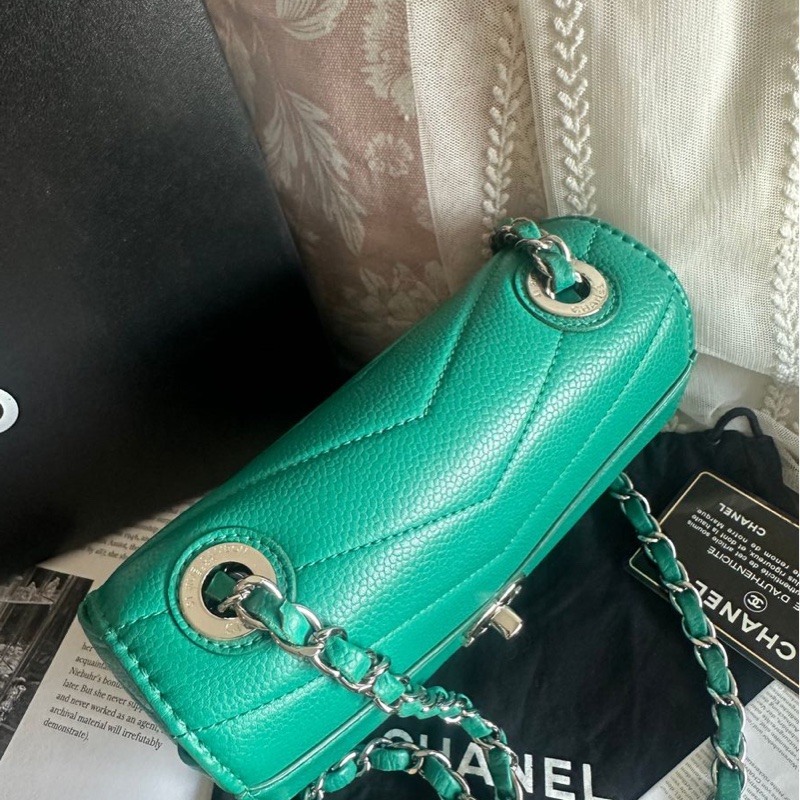 香奈兒包 翻蓋包 方胖子 V紋小方包 CF 魚子醬 連收據副本 皮革包 包包 皮革包 蒂芙尼 蒂芬妮 二手包 中古包 二手 chanel tiffany blue /green caviar  leather mini square chain crossbody bag /classic flap cf bag-18