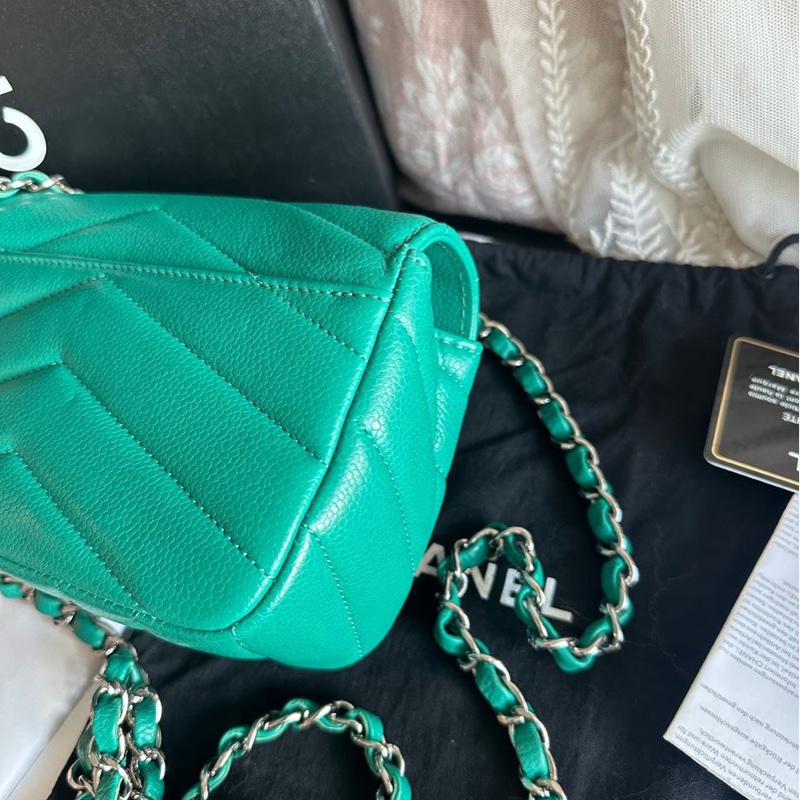 香奈兒包 翻蓋包 方胖子 V紋小方包 CF 魚子醬 連收據副本 皮革包 包包 皮革包 蒂芙尼 蒂芬妮 二手包 中古包 二手 chanel tiffany blue /green caviar  leather mini square chain crossbody bag /classic flap cf bag-19