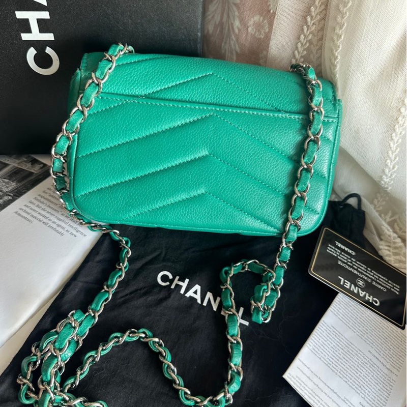 香奈兒包 翻蓋包 方胖子 V紋小方包 CF 魚子醬 連收據副本 皮革包 包包 皮革包 蒂芙尼 蒂芬妮 二手包 中古包 二手 chanel tiffany blue /green caviar  leather mini square chain crossbody bag /classic flap cf bag-21
