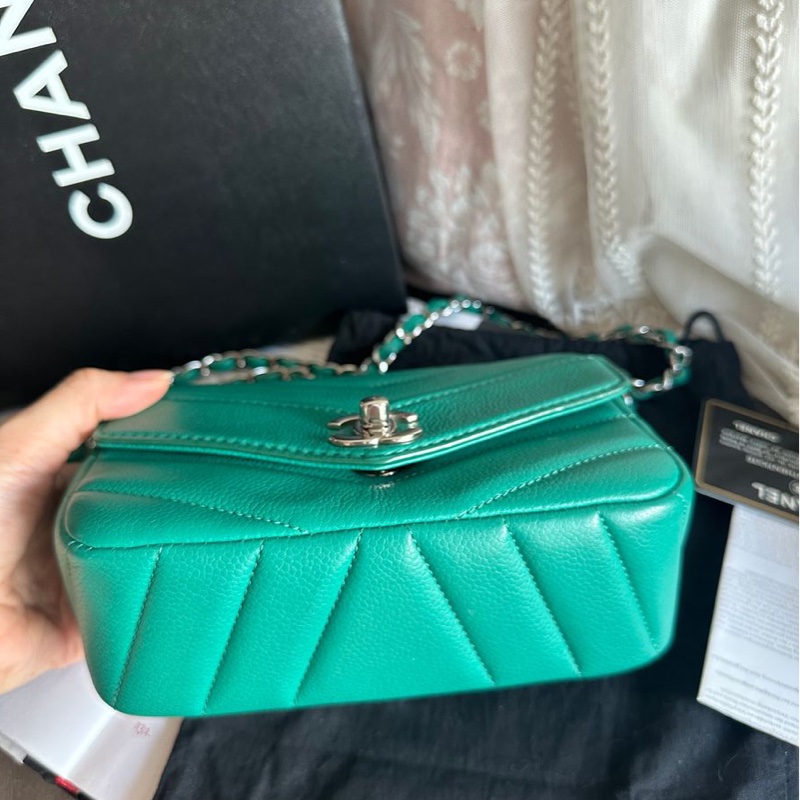 香奈兒包 翻蓋包 方胖子 V紋小方包 CF 魚子醬 連收據副本 皮革包 包包 皮革包 蒂芙尼 蒂芬妮 二手包 中古包 二手 chanel tiffany blue /green caviar  leather mini square chain crossbody bag /classic flap cf bag-22