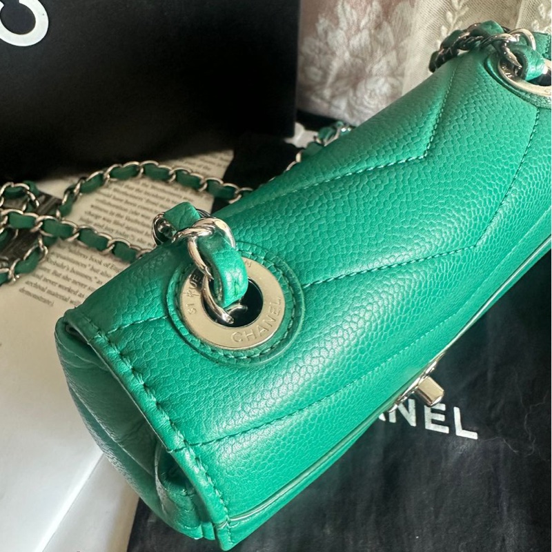香奈兒包 翻蓋包 方胖子 V紋小方包 CF 魚子醬 連收據副本 皮革包 包包 皮革包 蒂芙尼 蒂芬妮 二手包 中古包 二手 chanel tiffany blue /green caviar  leather mini square chain crossbody bag /classic flap cf bag-24