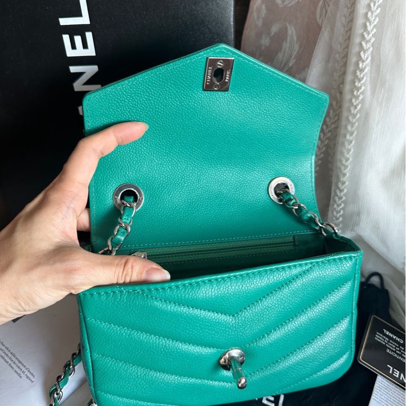 香奈兒包 翻蓋包 方胖子 V紋小方包 CF 魚子醬 連收據副本 皮革包 包包 皮革包 蒂芙尼 蒂芬妮 二手包 中古包 二手 chanel tiffany blue /green caviar  leather mini square chain crossbody bag /classic flap cf bag-25