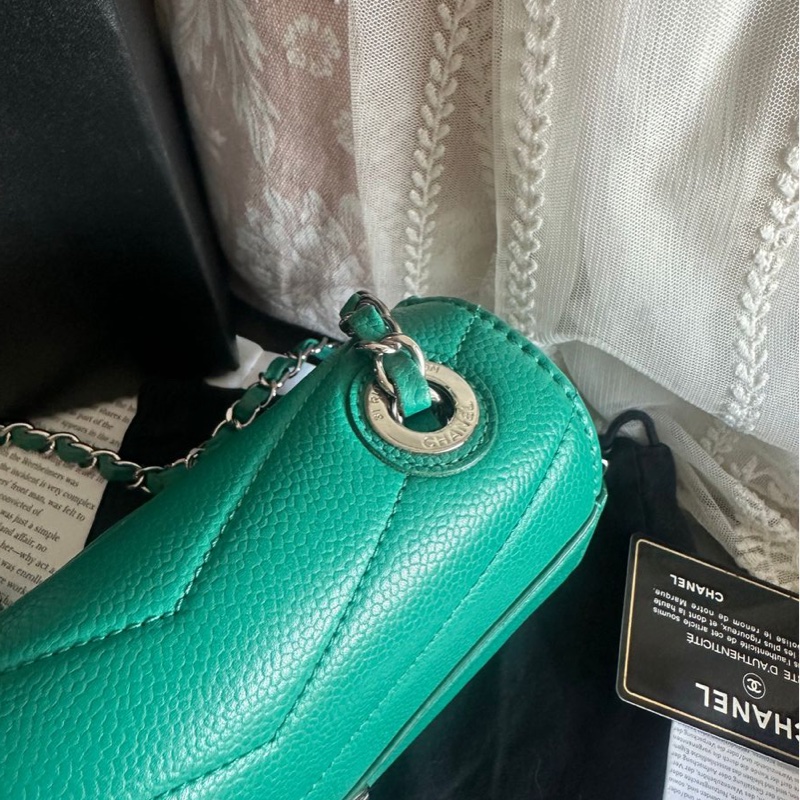 香奈兒包 翻蓋包 方胖子 V紋小方包 CF 魚子醬 連收據副本 皮革包 包包 皮革包 蒂芙尼 蒂芬妮 二手包 中古包 二手 chanel tiffany blue /green caviar  leather mini square chain crossbody bag /classic flap cf bag-26