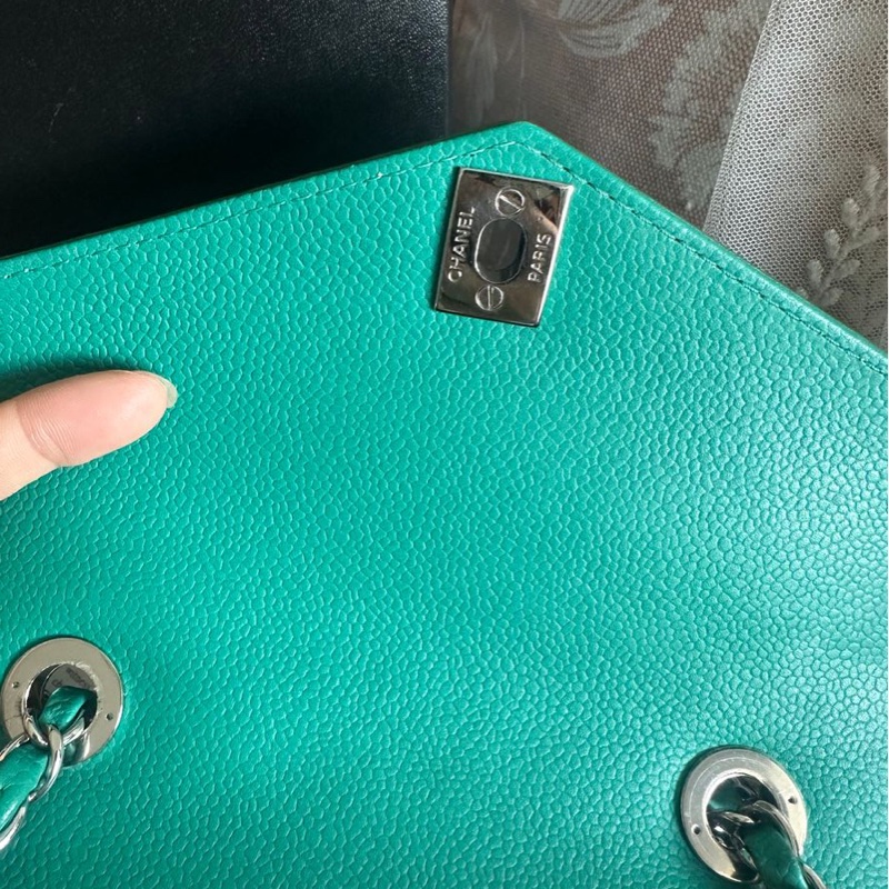 香奈兒包 翻蓋包 方胖子 V紋小方包 CF 魚子醬 連收據副本 皮革包 包包 皮革包 蒂芙尼 蒂芬妮 二手包 中古包 二手 chanel tiffany blue /green caviar  leather mini square chain crossbody bag /classic flap cf bag-27