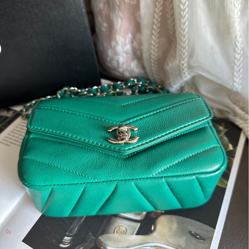 香奈兒包 翻蓋包 方胖子 V紋小方包 CF 魚子醬 連收據副本 皮革包 包包 皮革包 蒂芙尼 蒂芬妮 二手包 中古包 二手 chanel tiffany blue /green caviar  leather mini square chain crossbody bag /classic flap cf bag-33