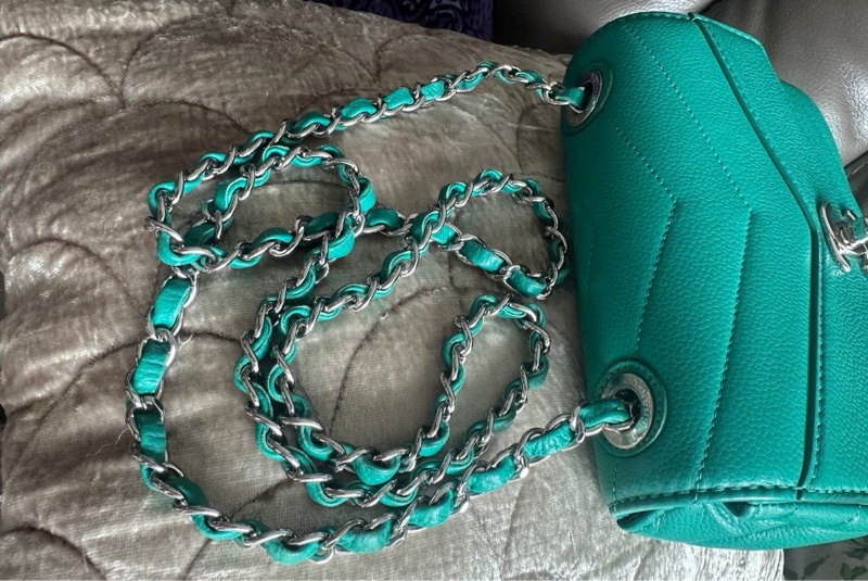 香奈兒包 翻蓋包 方胖子 V紋小方包 CF 魚子醬 連收據副本 皮革包 包包 皮革包 蒂芙尼 蒂芬妮 二手包 中古包 二手 chanel tiffany blue /green caviar  leather mini square chain crossbody bag /classic flap cf bag-34