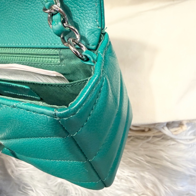 香奈兒包 翻蓋包 方胖子 V紋小方包 CF 魚子醬 連收據副本 皮革包 包包 皮革包 蒂芙尼 蒂芬妮 二手包 中古包 二手 chanel tiffany blue /green caviar  leather mini square chain crossbody bag /classic flap cf bag-5