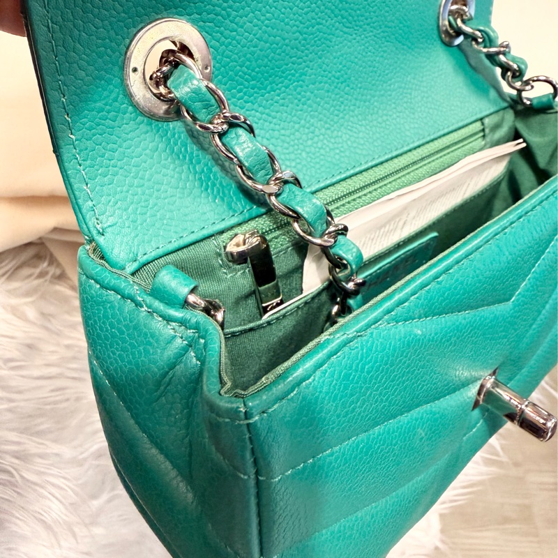 香奈兒包 翻蓋包 方胖子 V紋小方包 CF 魚子醬 連收據副本 皮革包 包包 皮革包 蒂芙尼 蒂芬妮 二手包 中古包 二手 chanel tiffany blue /green caviar  leather mini square chain crossbody bag /classic flap cf bag-6