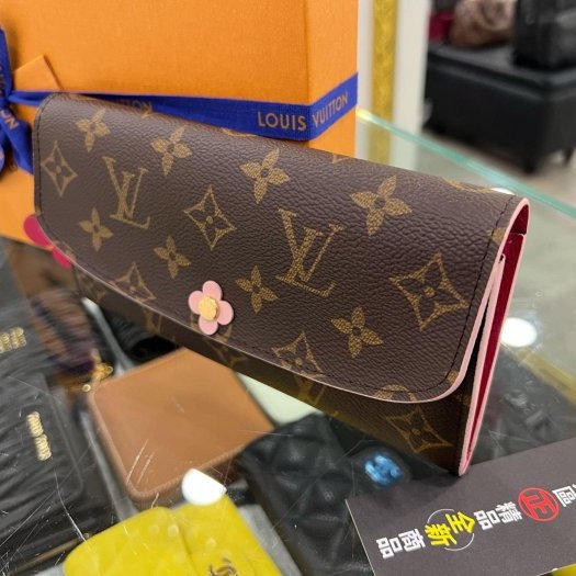 東區正精品㊣LV M64202 EMILIE 全新未使用原花粉色內裡金釦花朵小花微笑零錢袋皮夾長夾 RZ6342-2