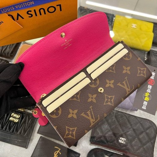 東區正精品㊣LV M64202 EMILIE 全新未使用原花粉色內裡金釦花朵小花微笑零錢袋皮夾長夾 RZ6342-9