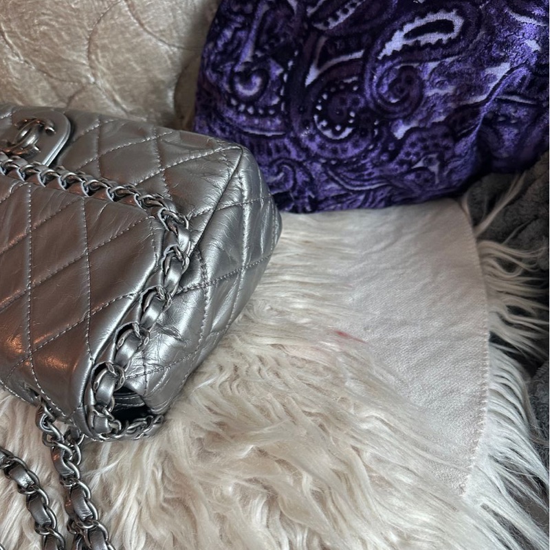 香奈兒包 翻蓋包 鏈條包 菱格cf 側背包  斜背包  銀色 復古感 皮革包 包包 皮革包 二手包 中古包 二手 chanel classic single flap silver calfskin chain 29cm-19