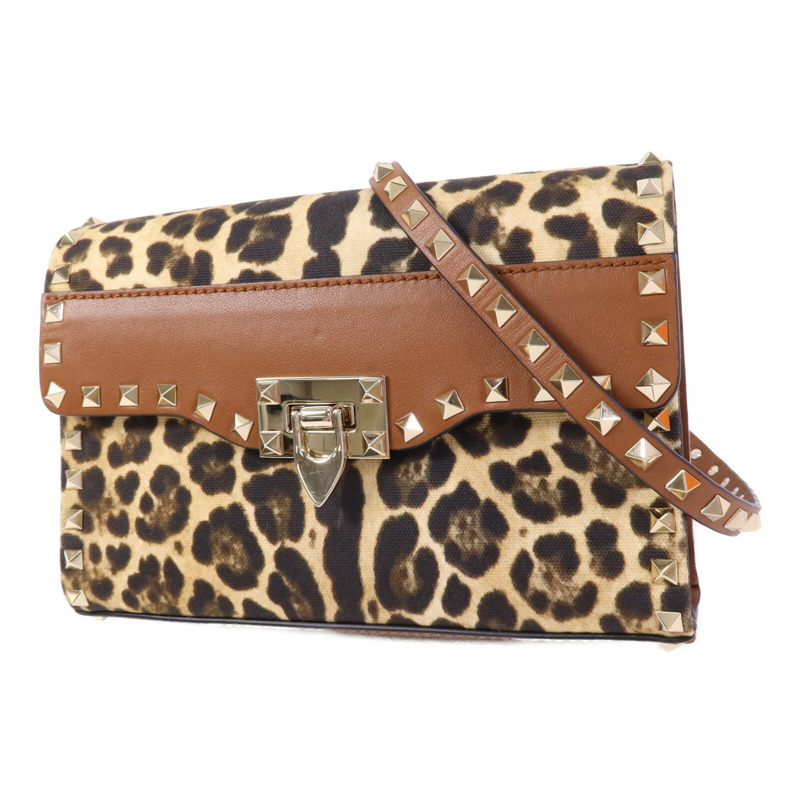 Valentino 牛皮皮革/帆布Garavani Rockstud金扣肩背袋-2