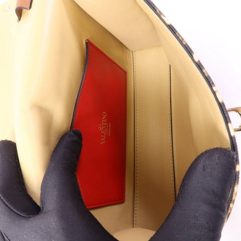 Valentino 牛皮皮革/帆布Garavani Rockstud金扣肩背袋-4