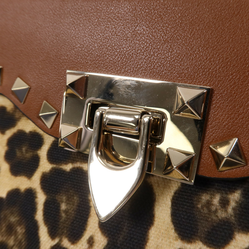 Valentino 牛皮皮革/帆布Garavani Rockstud金扣肩背袋-6