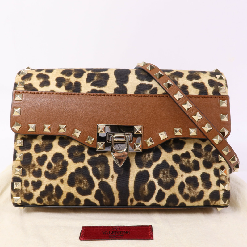 Valentino 牛皮皮革/帆布Garavani Rockstud金扣肩背袋-8