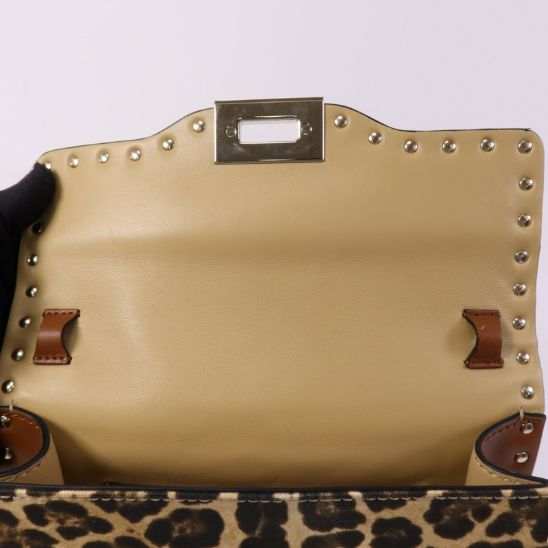 Valentino 牛皮皮革/帆布Garavani Rockstud金扣肩背袋-13
