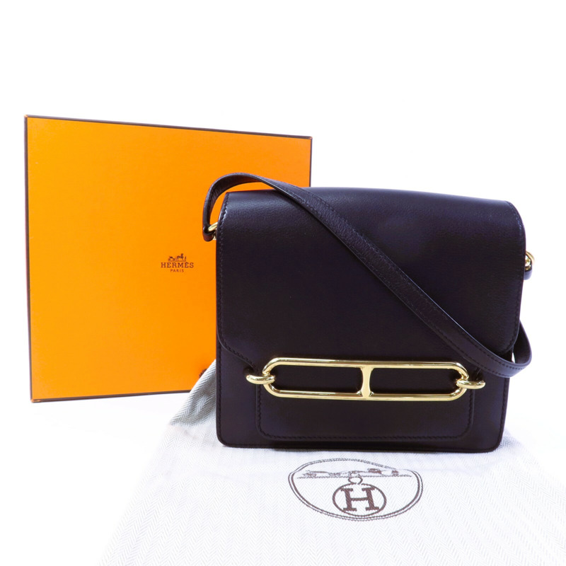 HERMES Evergrain皮革Roulis Mini金扣肩背袋Bleu Indigo-9